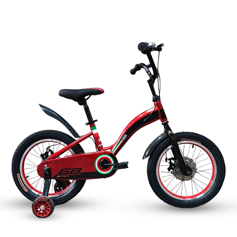 Left side profile view of RF 16-inch kids bicycle in red showing training wheel and disc brakes