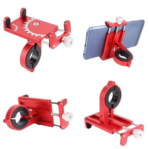 Red Aluminum Alloy Bicycle Handlebar Phone Mount – Multi-Angle Product Views Showing Clamps and Installed Smartphone