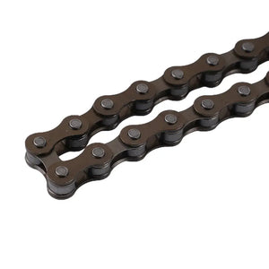 Close-up of a dark metallic bicycle roller chain with dark gray pins, positioned diagonally on a plain white background.
