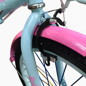 Close-up side view of the front wheel, Blue fender, and brake system of a Roadix girls bicycle.