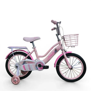 Side View of Roadix 16 inch pink girls bicycle with training wheels and front basket