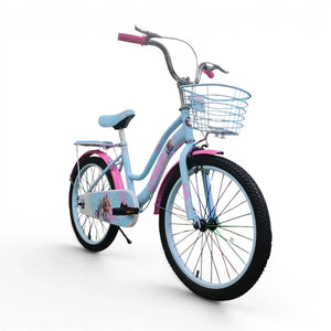 Blue 20-inch Roadix girls bicycle with front basket and rear seat.