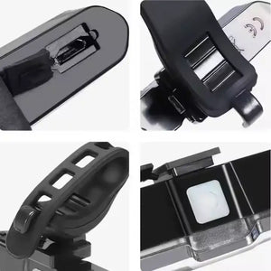 Close-up views of the bicycle tail light's USB charging port, mounting clip, adjustable strap and power button.