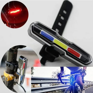 Bicycle tail light collage showing the adjustable mounting strap, seatpost installation and red illumination.