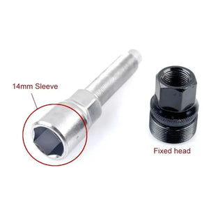 Bicycle crank puller components showing the 14 mm socket end and black threaded adapter.