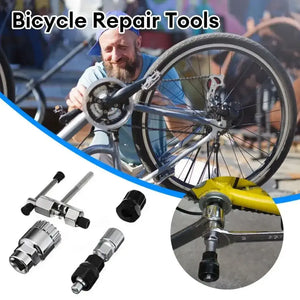 Bicycle repair tool collage featuring a crank puller, chain tool, removal sockets and a crank removal demonstration.