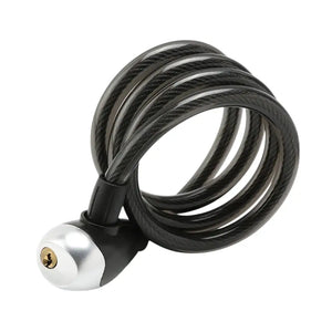 Coiled black flexible steel bicycle cable lock with a metallic silver locking head and brass key cylinder, isolated on a white background.