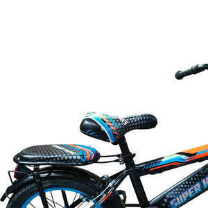 Close-up of bike saddle and padded rear seat on Super Hero 16-inch blue kids bike.