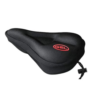 Black gel padded bicycle saddle cushion cover with red GEL logo and adjustable drawstring, isolated on white background