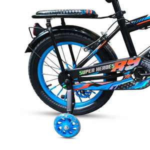 Close-up of rear wheel, blue training wheel, and chain guard on Super Hero 16-inch kids bike.