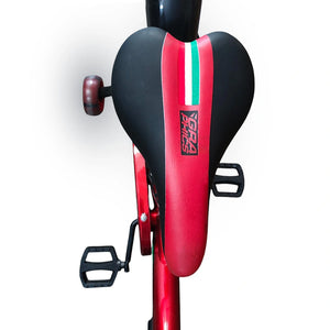 Close-up top view of RF 16-inch kids bicycle ergonomic saddle in black and red