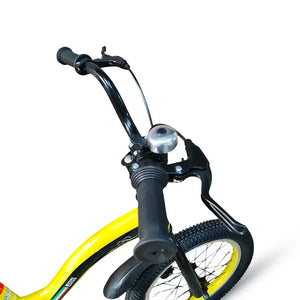 Front view of RF 16-inch yellow kids bike handlebars with bell and brake lever