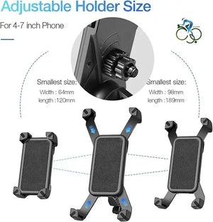Product diagram displaying minimum and maximum size adjustments for black four-corner smartphone holder with circular inset of rear screw dial