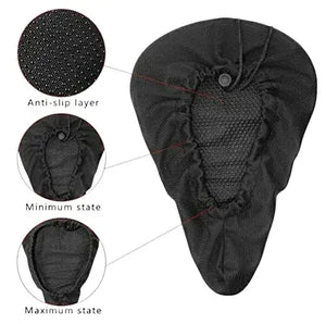 Underside view of black bicycle saddle cushion cover featuring circular insets showing anti-slip layer, minimum state, and maximum state adjustments on white background