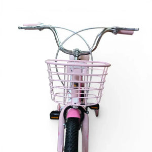 Front view of pink Roadix 16-inch girls bicycle showing basket, handlebars, and front wheel