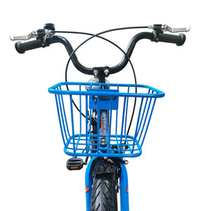 Front view close-up of blue wire basket and handlebars on Super Hero 16-inch kids bike.