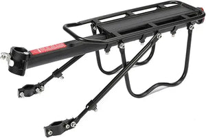 Black heavy-duty metal bicycle rear cargo rack with adjustable seatpost quick-release clamp and side support bars, isolated on white background