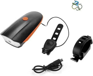 Rechargeable bicycle headlight and horn kit with black and orange light unit, handlebar mount, wired remote button, and USB charging cable.