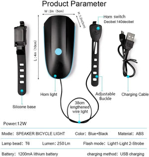 Bicycle headlight and horn product parameter chart showing dimensions, specs, and included accessories.