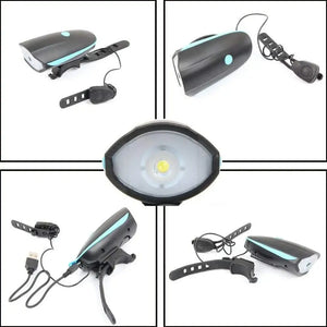 Collage of 5 images showing a bicycle headlight with blue accents, USB charging cable, wired horn switch, and front LED close-up.