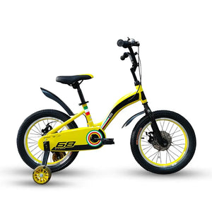 RF 16-inch kids bike in yellow and black featuring training wheels and disc brakes for ages 4–7