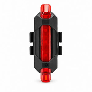 1. Front view of red rechargeable bicycle tail light on a white background