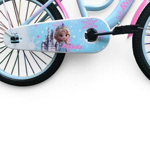 Close-up side view of the chain cover with Frozen graphics and pedal of a Blue Roadix girls bicycle.