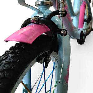 Front metal brake assembly and calipers on a blue Roadix 16 inch kids bicycle