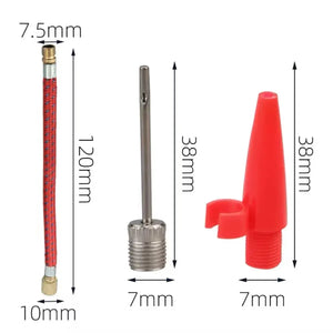 Adapter dimensions: 120 mm hose with 7.5 and 10 mm ends; ball needle and air nozzle each 38 mm long with 7 mm bases.