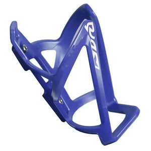 Side view of a blue bicycle water bottle cage showing its mounting holes