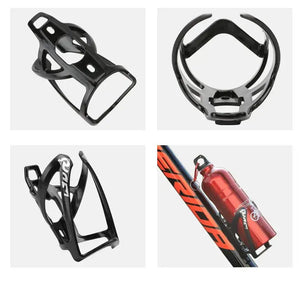 Four-grid view showing multiple angles of the Abo ElGoukh & Maxlerz black plastic bicycle bottle cage, including one mounted on a bike frame with a red water bottle