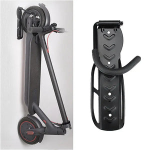 Maxlerz Wall-Mounted Bike and E-Scooter Rack shown with a folded electric scooter mounted vertically on a wall