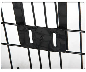 Close-up view of the metal mounting bracket on a black wire bicycle basket
