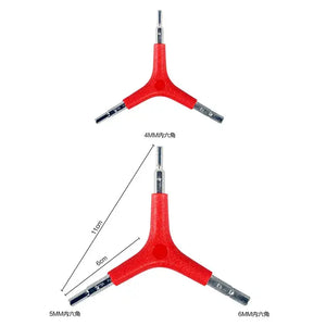 Y-Type Three-Way Hex Wrench Overview Showing Two Red Bicycle Repair Tools with Dimension Measurements and Size Labels (4mm, 5mm, 6mm)