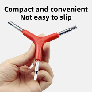 Y-Type Three-Way Hex Wrench Held in Hand with Promotional Text Overlay Describing It as Compact and Convenient