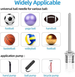 Ball inflation needle application chart showing sports balls alongside hand pumps and a bicycle floor pump.