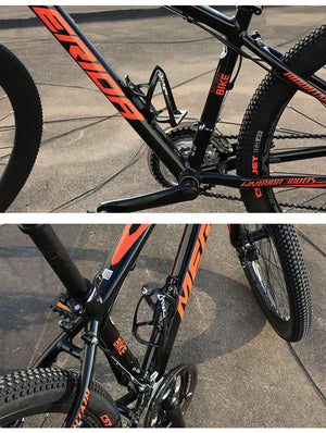 Two views of a black bicycle water bottle cage mounted on a mountain bike