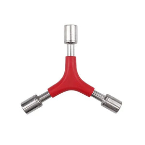 Front view of a red Y-shaped bicycle socket wrench with one socket pointing up and two angled downward.