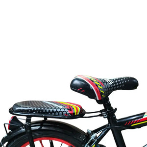 Side view of the bike saddle and padded rear seat on the Super Hero 16-inch Red kids bicycle, showing the comfortable seating design.