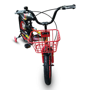 Front view close-up of Red wire basket and handlebars on Super Hero 16-inch kids bike.