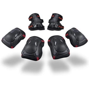 6-Piece Black Protective Gear Set Layout Featuring Knee Pads, Elbow Pads, and Wrist Guards with Red Accents