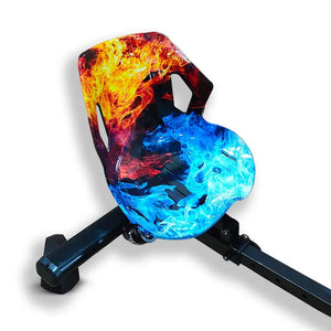 Close-up of kids Drift Electric Scooter seat featuring Ice & Fire flame graphics.