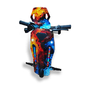 Front view of kids Drift Electric Scooter with Ice & Fire flame graphics and side LED lights.