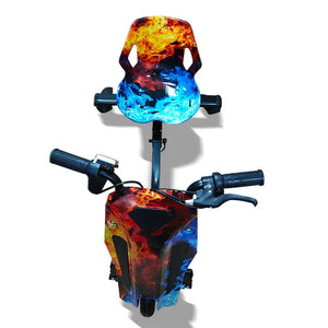Top-front view of kids Drift Electric Scooter with Ice & Fire flame graphics, handlebars, and seat.