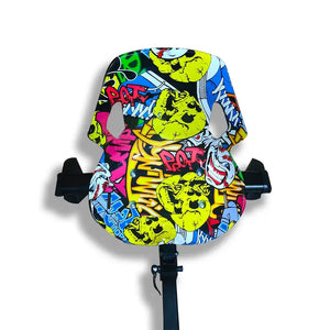 Close-up of kids Drift Electric Scooter adjustable seat featuring colorful graffiti graphics.