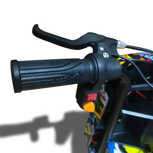 Close-up of kids Drift Electric Scooter handlebar grip, 3-speed switch, and brake lever.
