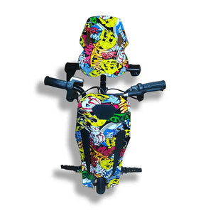 Front view of kids Drift Electric Scooter featuring colorful graffiti body pattern and handlebars on a white background.