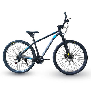 Side view of Trinx M136 PRO 29-inch mountain bike in black and blue, isolated on white background