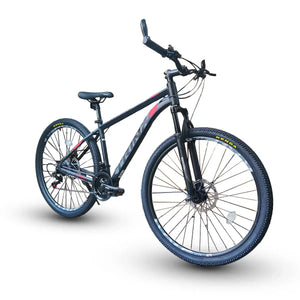Trinx M136 PRO 29" mountain bike with black and red aluminum frame, isolated on white background