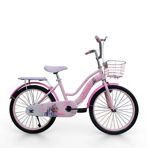 Side view of a pink Roadix 20-inch girls bicycle with front basket and Frozen graphics.